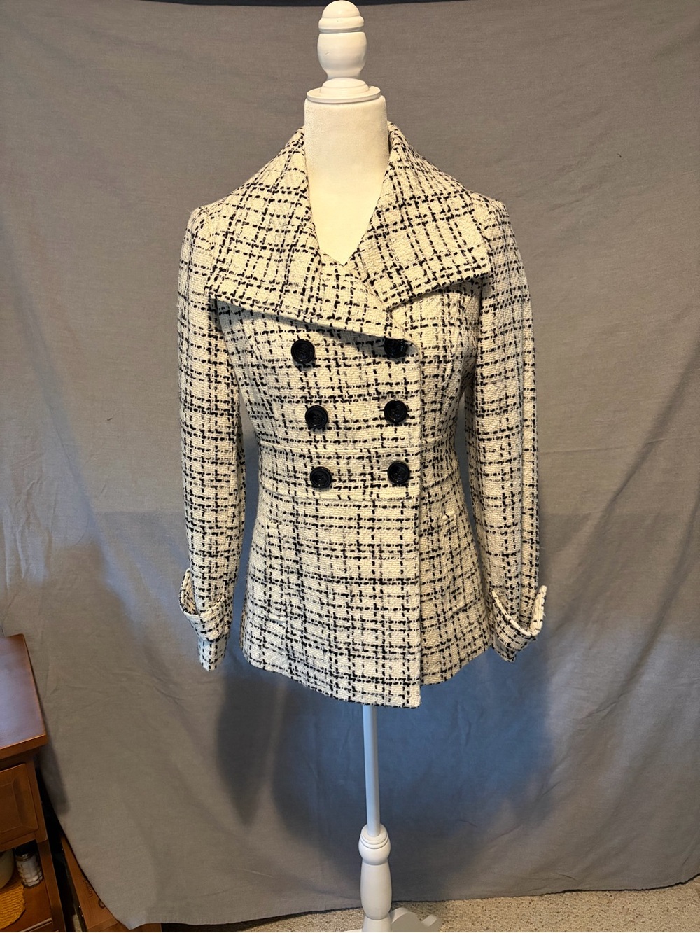 White House Black Market Women's Black & White Tweed Double-Breasted Coat